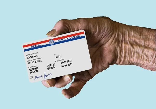 Here is a mock, generic, 2023 Medicare Health Insurance card held in an elderly hand. It does not use the word Medicare on the card but resembles a real Medicare card.  This is a  3-d illustration.