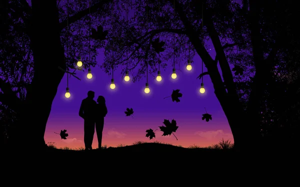 Man Woman Seen Together Dusk Wooded Autumn Scene Falling Leaves — Stock Photo, Image
