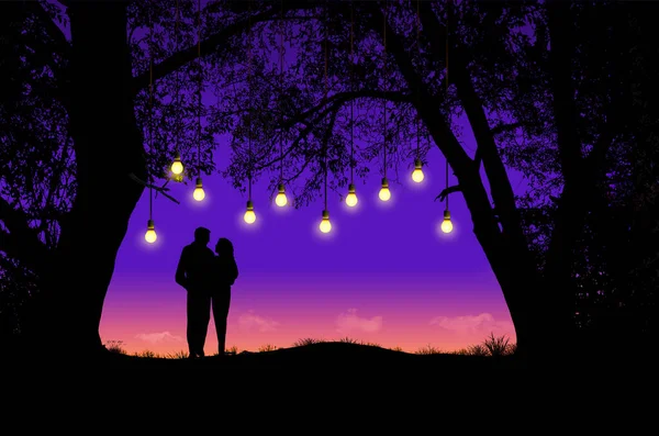 Man Woman Seen Together Dusk Wooded Scene Illuminated Hanging Light — Stock Photo, Image