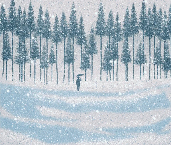 Силуэт Человека Зонтиком Виден Зимний Снежный Шторм Линией Вечнозеленых Деревьев — стоковое фото