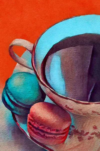 Чашка Чая Печеньем Макарон Видна Цифровом Акварельном Изображении — стоковое фото
