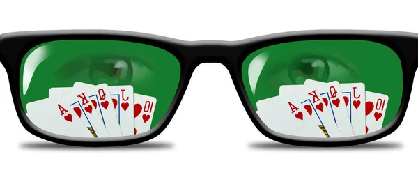 Cards are reflected in a poker players eyeglasses in this illustation.