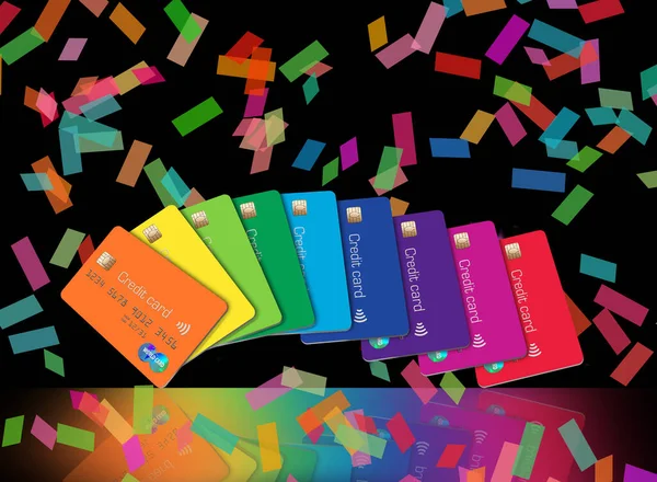 A group of card in the colors of the spectrum are seen together as colorful confetti falls in this 3-d illustration.