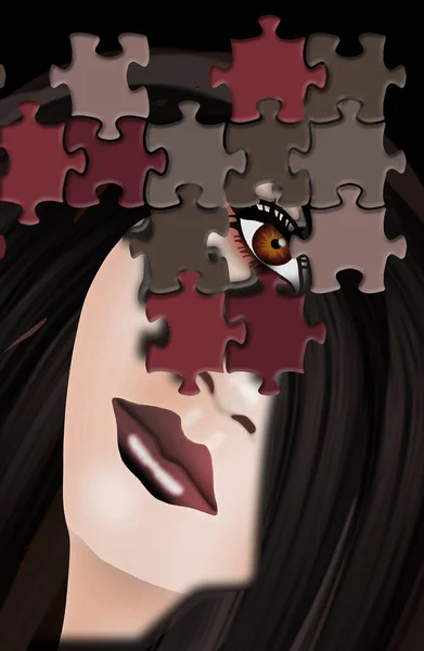 Eine Junge Frau Hinter Puzzleteilen Einer Metaphorischen Illustration Über Problemlösung — Stockfoto