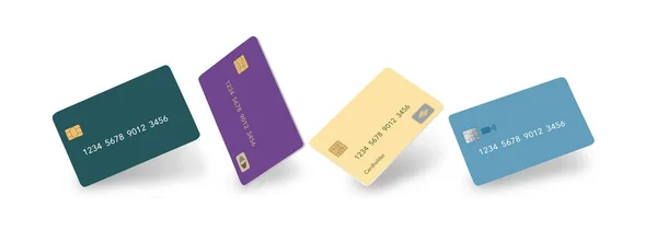 Čtyři Falešné Obecné Kreditní Karty Jsou Vidět Vznášející Nad Bílým — Stock fotografie