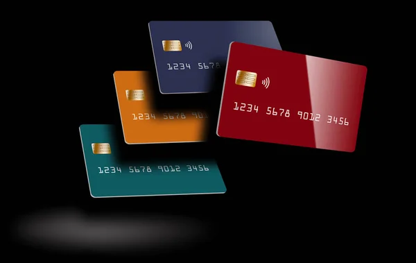 Four Debit Cards Credit Cards Seen Spotlight Deep Shadows — 스톡 사진