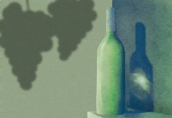 A bottle of white wine casts a thin shadow as it sits in window light in this digital watercolor illustration.