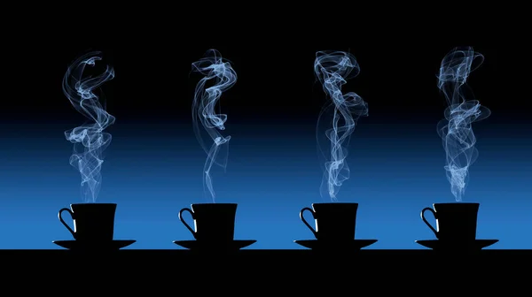 Τέσσερα Φλιτζάνια Ζεστού Καφέ Φαίνονται Εκπέμπουν Σύννεφα Ατμού Και Κάθονται — Φωτογραφία Αρχείου