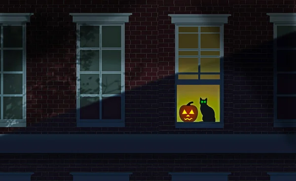 Der Abenddämmerung Leuchtet Eine Halloween Laterne Fenster Eines Gemauerten Mehrfamilienhauses — Stockfoto