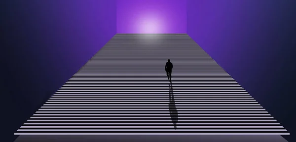 Самотній Чоловік Піднімається Величезними Сходами Йдуть Відкритих Дверей Верхній Частині — стокове фото