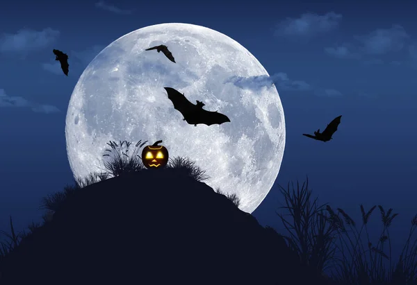 夜になると丘の上には輝くジャック ランタンが現れ その上にはコウモリが飛び立ち 背景には満月が見えます これは3次元イラストです — ストック写真