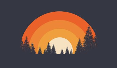 Eş merkezli çemberlerden oluşan günbatımının görsel bir görüntüsü köknar ağaçlarından oluşan bir ormanın arkasında görülür..