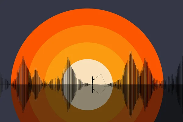 Audio equalizer charts look like trees reflected in water. Here I added a fisherman and a sunset to the equalizer lines.