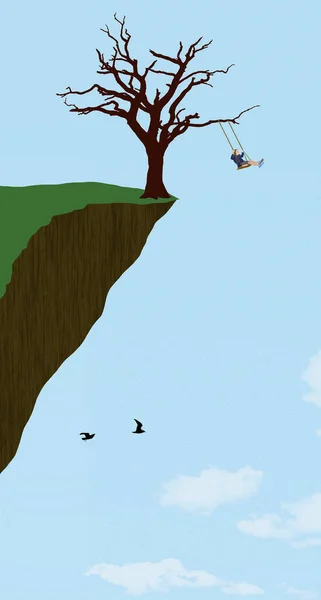 Little Girl Swings Tree Swing Edge High Cliff Illustration — Stock Photo, Image