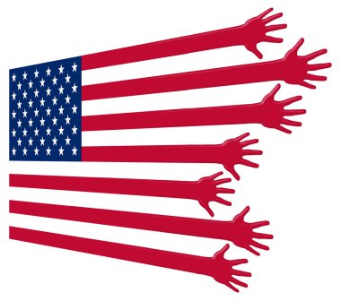 Amerika Birleşik Devletleri 'nin diğer uluslara her türlü yardımla ulaşma tarihi bu yıldızlı afiş ellerle resmedilmiştir. Bu arkaplanda izole edilmiş bir resimdir..