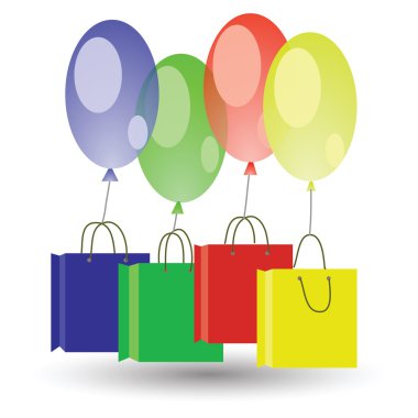 Balonlar ve beyaz zemin üzerine shoping kutuları