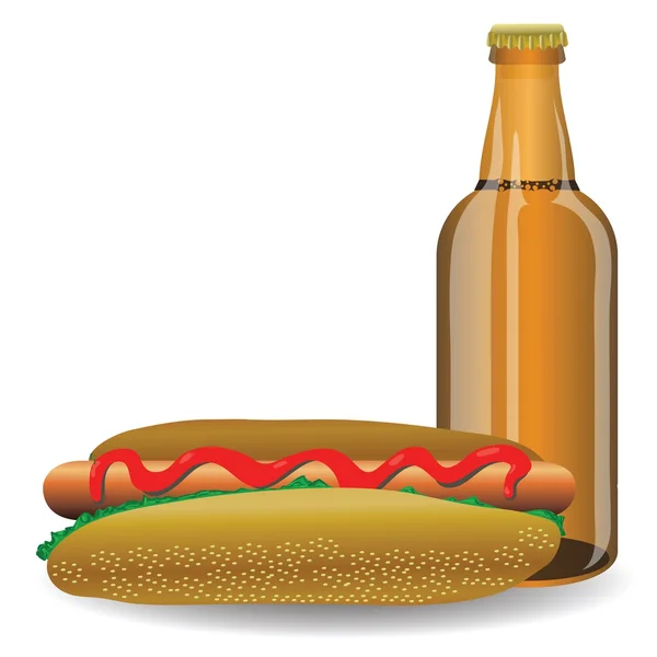 Hot dog y botella de cerveza — Vector de stock