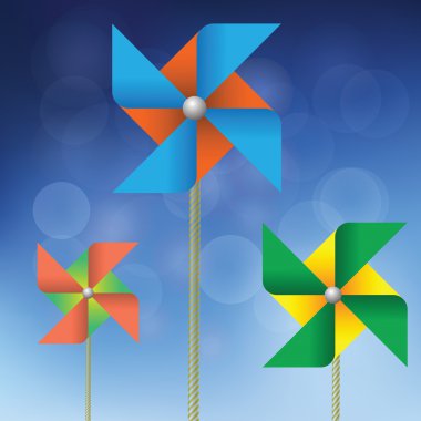 Illustration with colorful windmills on a blue background for your design clipart