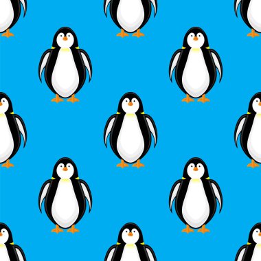 Şirin Penguen Simgesi Mavi Arkaplanda tecrit edildi. Kusursuz Desen