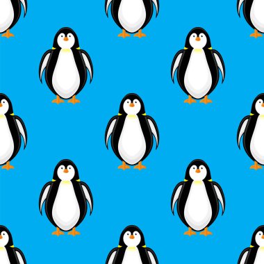 Şirin Penguen Simgesi Mavi Arkaplanda tecrit edildi. Kusursuz Desen