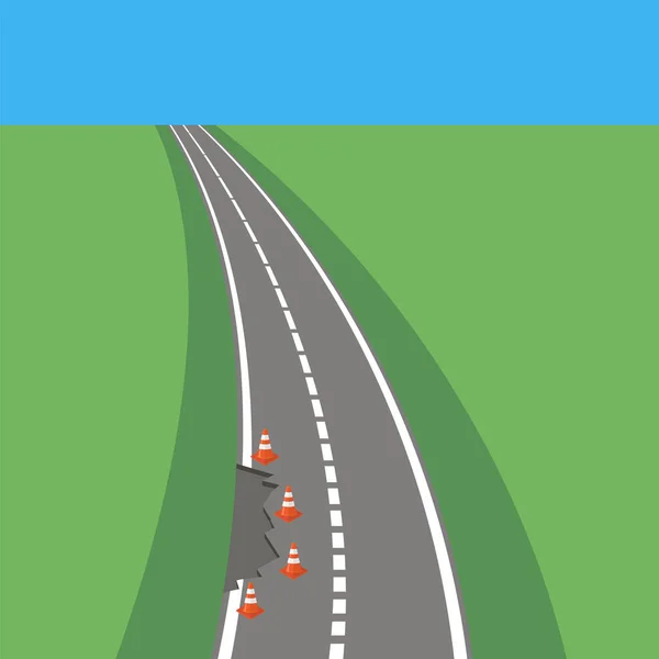 Striped Red Traffic Cone Icon on Grey Road Background — 图库矢量图片