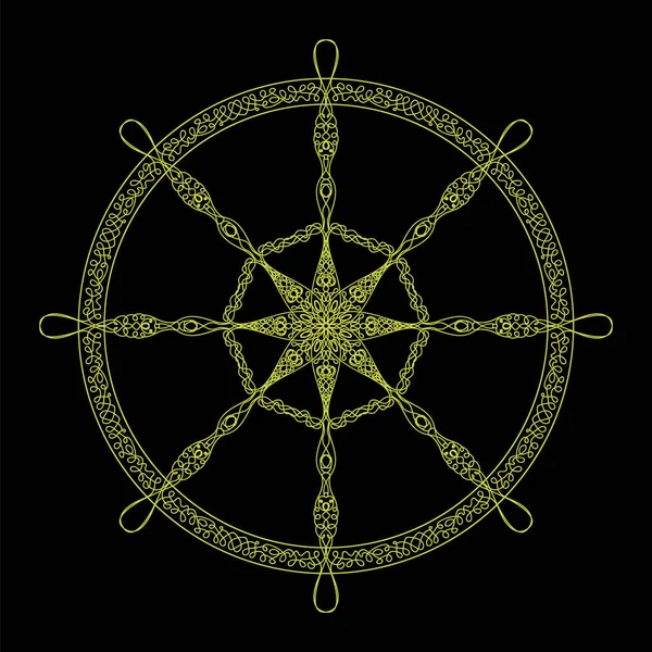 Control Rudder Icono aislado sobre fondo negro. Concepto del volante de la nave. Diseño Náutico. Logo del barco — Archivo Imágenes Vectoriales