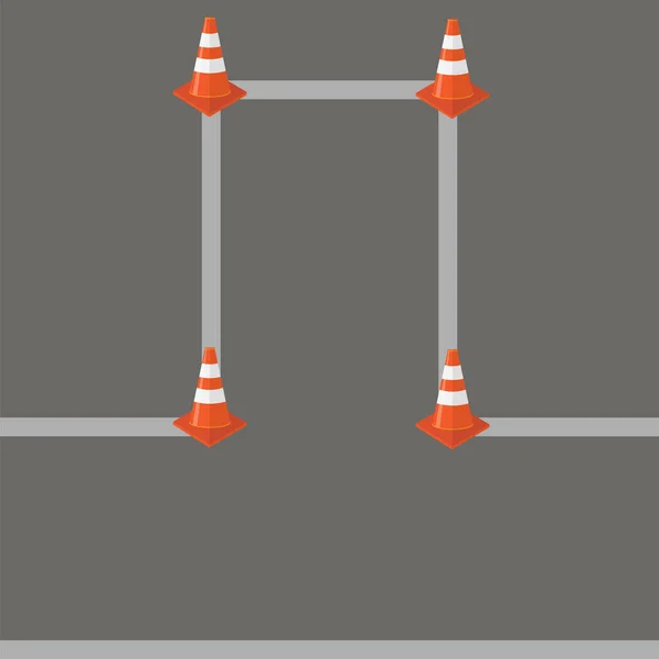 Set of Striped Red Traffic Cone Icons on Grey Road Background — Stock vektor