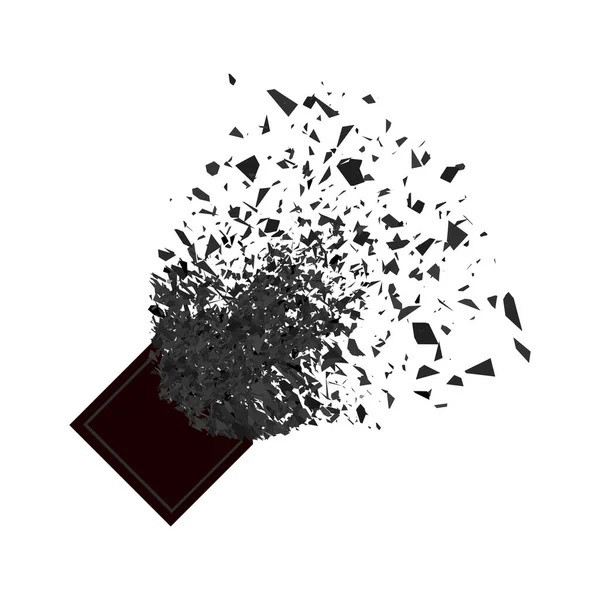 Explosiewolk van zwarte stukken op witte achtergrond. Scherpe deeltjes vliegen willekeurig in de lucht. Een grote klap. Vierkant ontploft — Stockvector