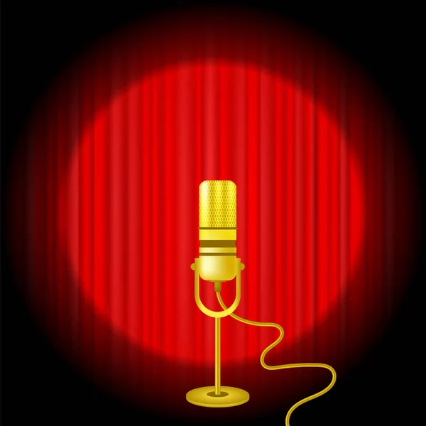 Gold Microphone Icon on Red Curtain Background — Stock vektor