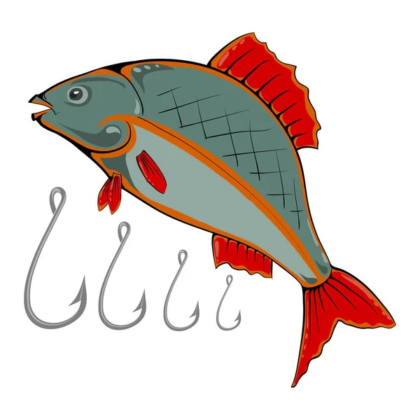 Fish and Fishing Hook Logo Isolated on White Background — Vetor de Stock