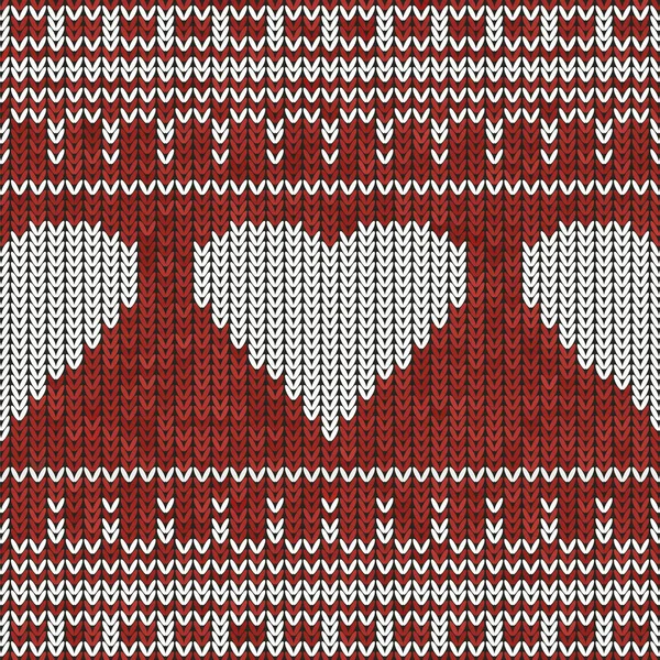 Christmas Knit Print. Scandinavian Red Border Wool Pullover. Sweater Ugly. Holiday Heart Ornament. Festive Crochet — 图库矢量图片