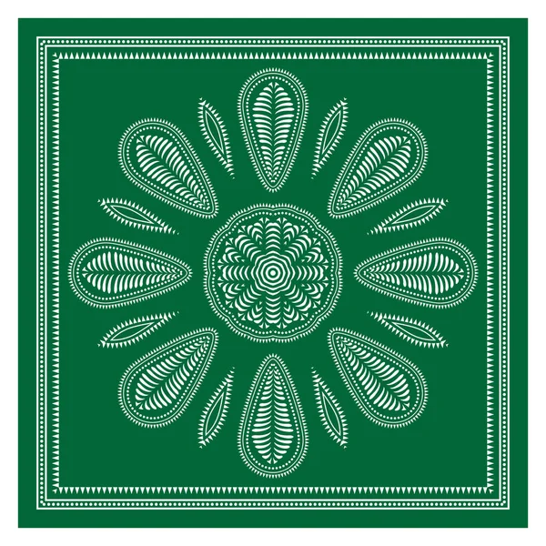 Green Bandana Shawl, Tablecloth Fabric Print, Silk Neck Scarf, Kerchief Design, Ornament Paisley, Square Pattern. — стоковый вектор
