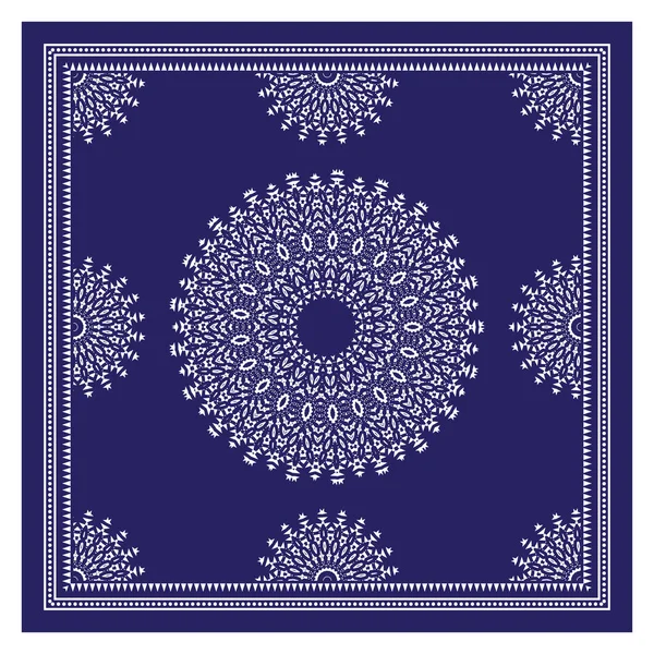 Blue Bandana Shawl, Tablecloth Fabric Print, Silk Neck Scarf, Kerchief Design, Ornament Paisley, Square Pattern — стоковый вектор