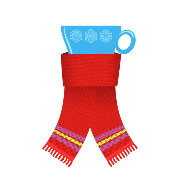 白色背景下的红色针织围巾及蓝色咖啡或茶帽 — 图库照片