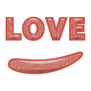 Şık Örgü 'ye bayılırım. Pembe örülmüş doku. Yünlü Kazak Tricot baskısı. Kırmızı Kumaş Harfler