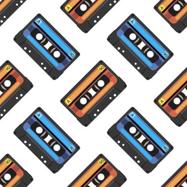 Beyaz üzerine izole edilmiş Vintage video kaset veya müzik kaset simgesi. Kusursuz desen.