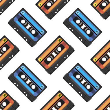 Beyaz üzerine izole edilmiş Vintage video kaset veya müzik kaset simgesi. Kusursuz desen.