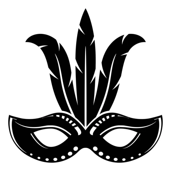 狂欢节面具黑色轮廓图标孤立在白色背景 带羽毛的面具 — 图库矢量图片