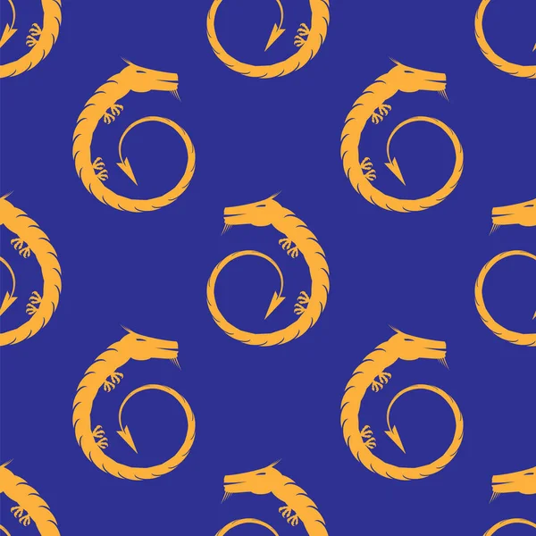 Orange Magic Dragon Icon Seamless Pattern Isolated on Blue Background.
