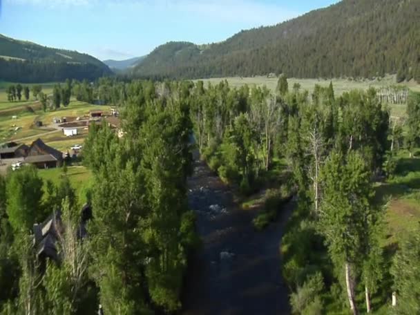 Antenn skott av gröna dalen med floden — Stockvideo