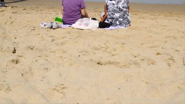 Zwei Damen sitzen am Sandstrand — Stockvideo