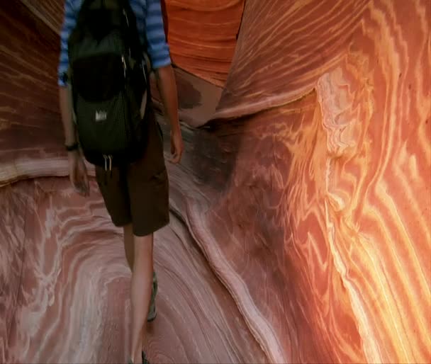 Eine Neigung nach oben, um einen Mann in rotem Felsdurchlass in der Welle nördlich von Arizona zu offenbaren — Stockvideo