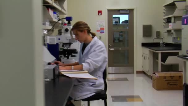 Dolly tiro de cientistas no trabalho em grande laboratório — Vídeo de Stock