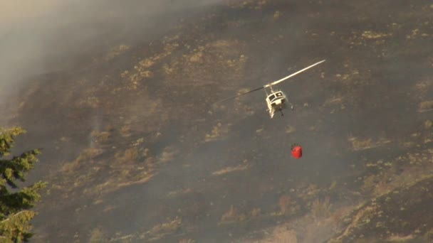 Helicóptero de extinción de incendios arroja agua al fuego — Vídeos de Stock