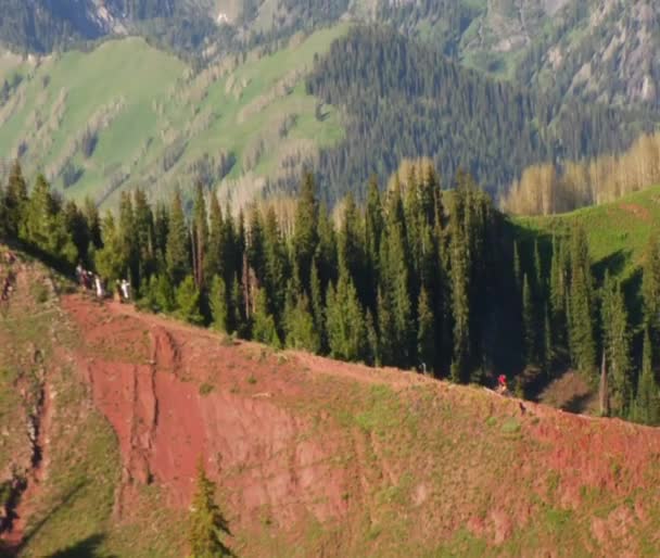 Снимок с воздуха трех горных велосипедистов на Зеленой горе — стоковое видео