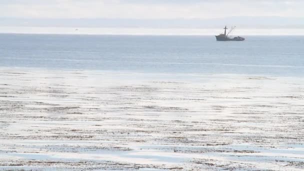 Barco de pesca viaja no oceano calmo — Vídeo de Stock