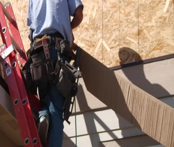 Men in tool belt installs wood — Stock Video