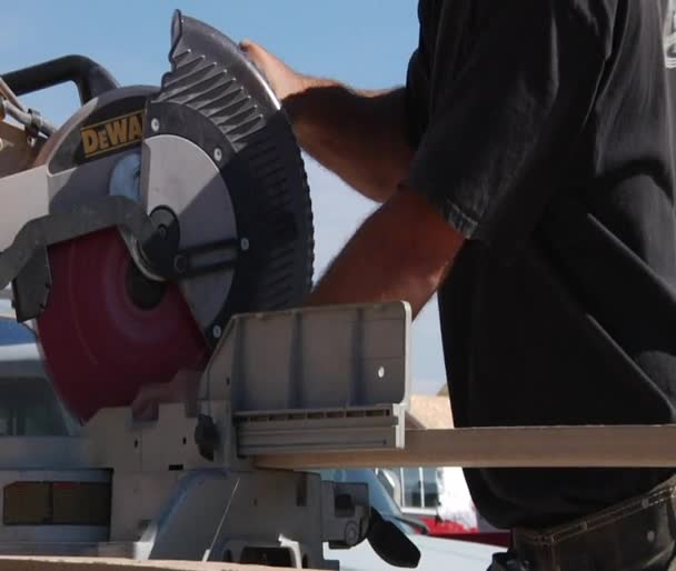 Men with sunglasses operate saw with blue sky — Stock Video