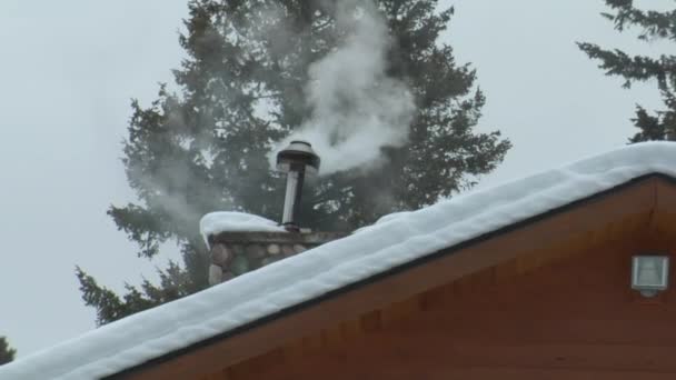 Rökig skorstenen på snöiga tak — Stockvideo
