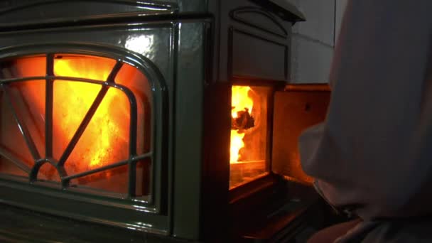 Gloved hands add wood to Woodstove of — Stock Video